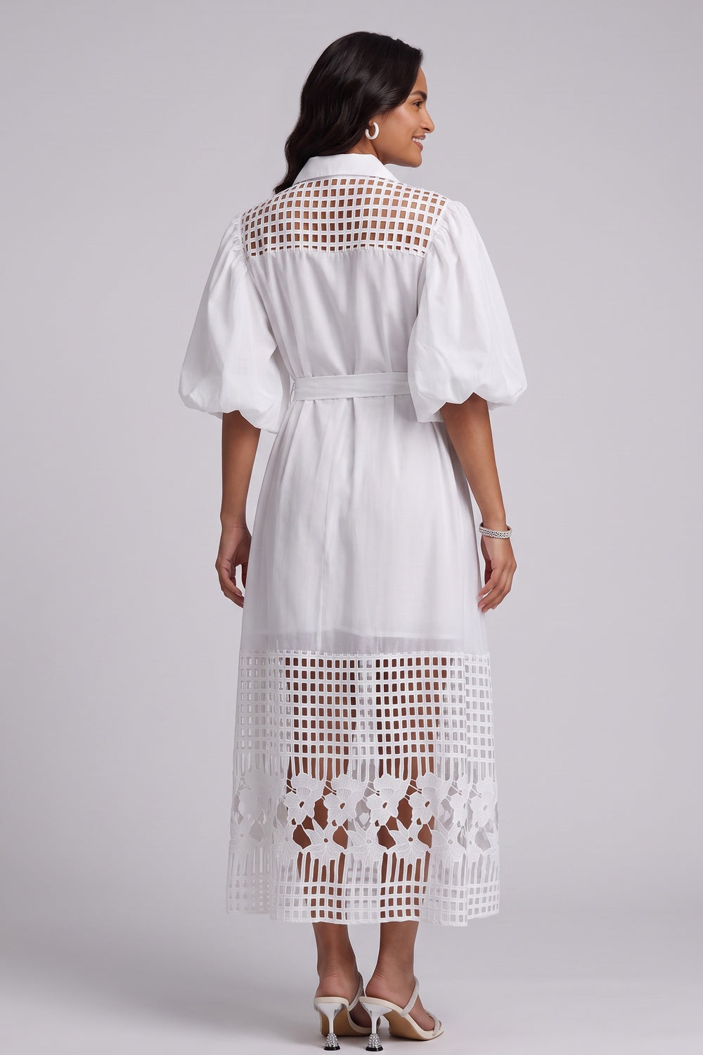 White A-Line Shirt Dress with Lace Panels and Puff Sleeves - OWNCI White A-Line Shirt Dress with Lace Panels and Puff Sleeves - OWNCI