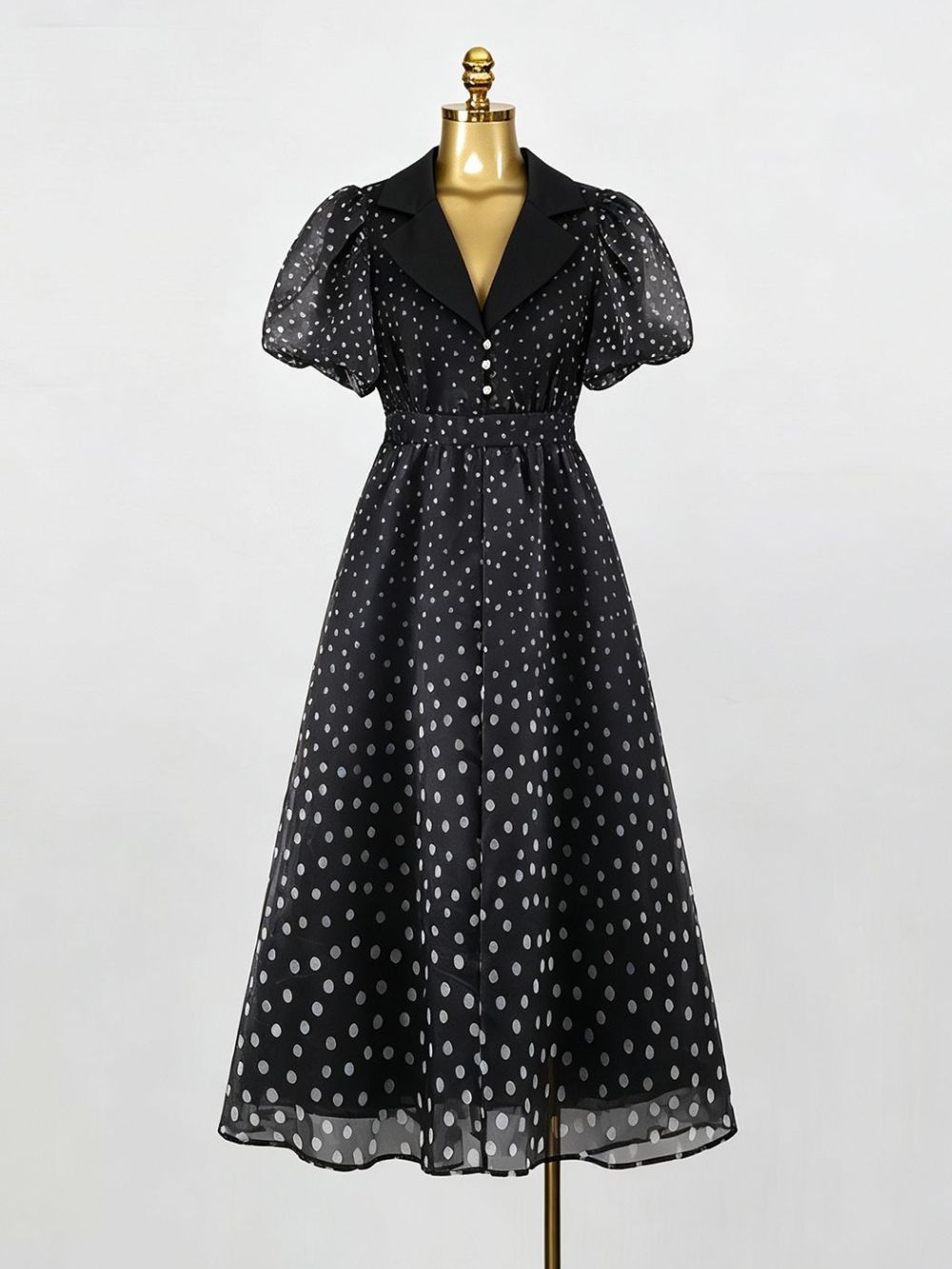 Maxence Black Polka Dot Puff-Sleeve Midi Dress - OWNCI Maxence Black Polka Dot Puff-Sleeve Midi Dress - OWNCI