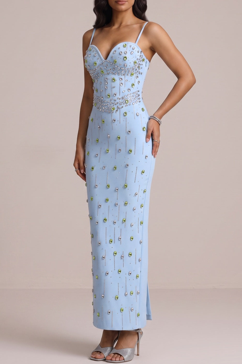 Spaghetti Strap Sweetheart Neck Two-Tone Rhinestone Midi Dress - OWNCI