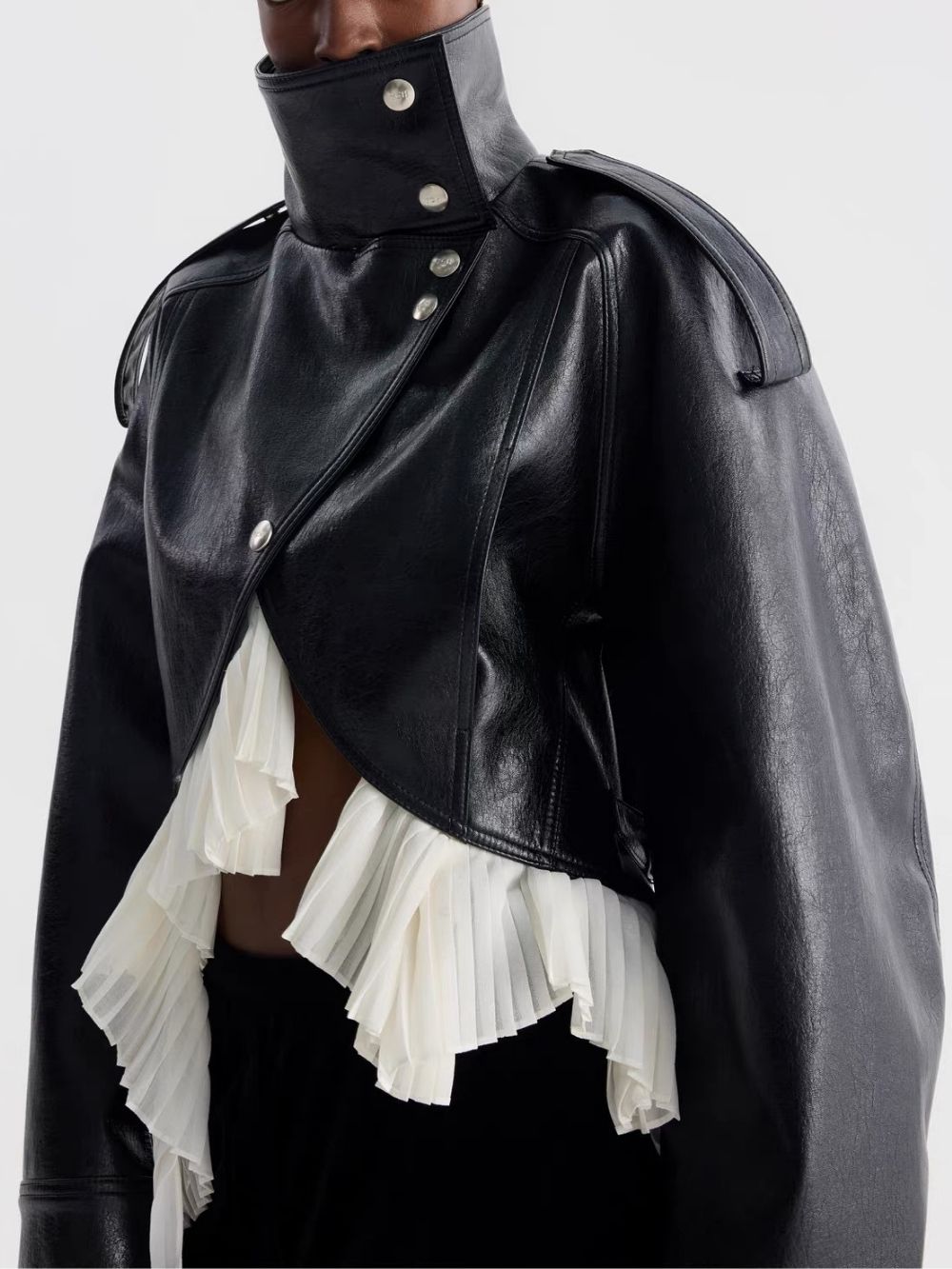 Maysa Black PU Leather Ruffle Jacket - OWNCI