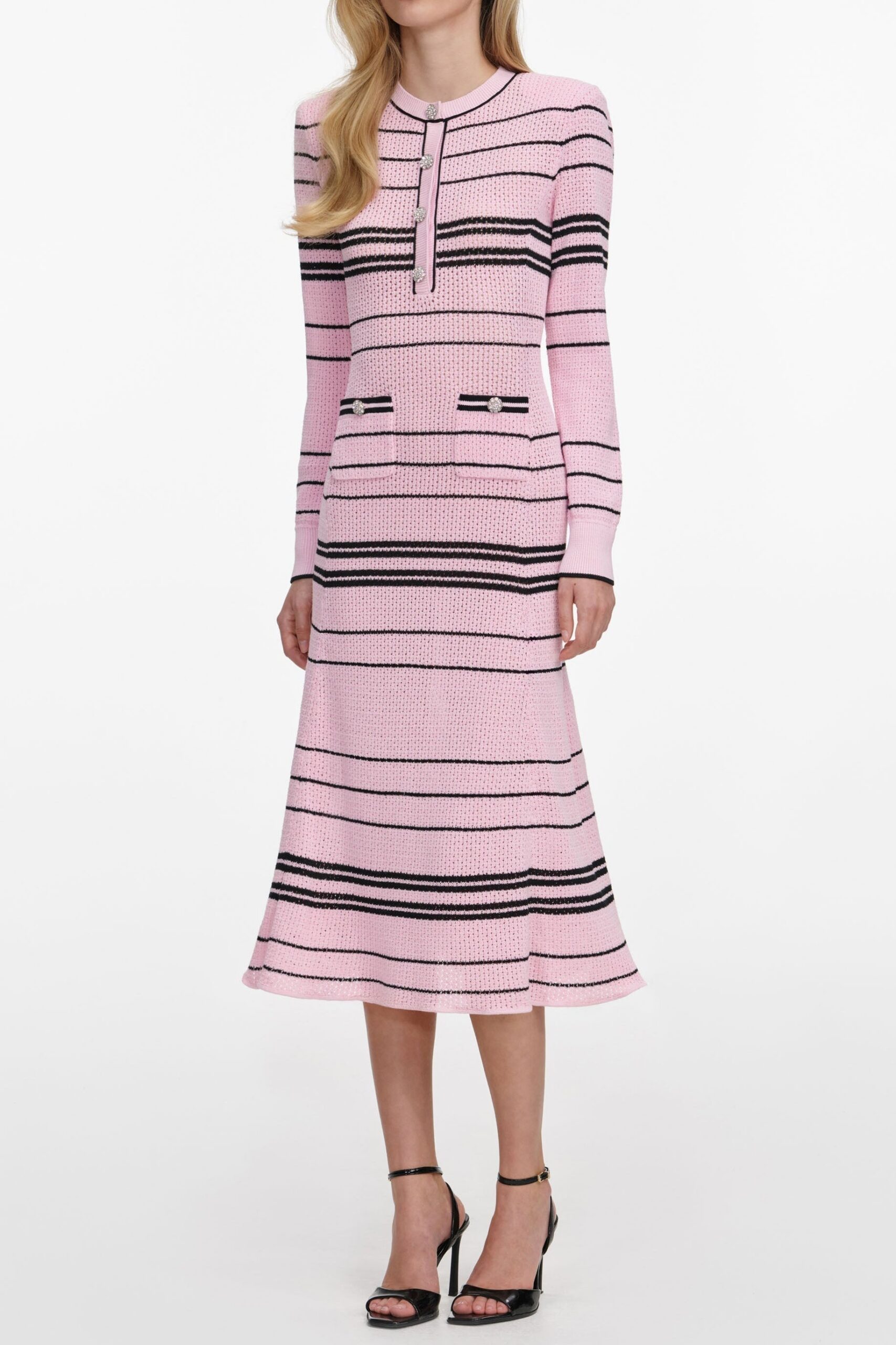 Selena Long Sleeve Stripe Knit Midi Dress In Pink - OWNCI