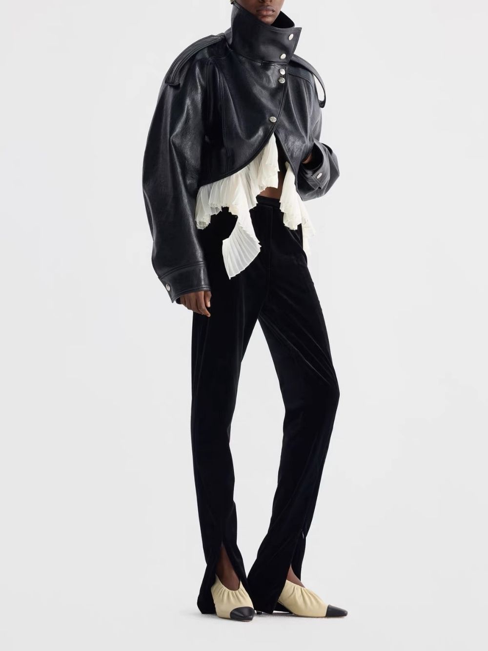 Maysa Black PU Leather Ruffle Jacket - OWNCI