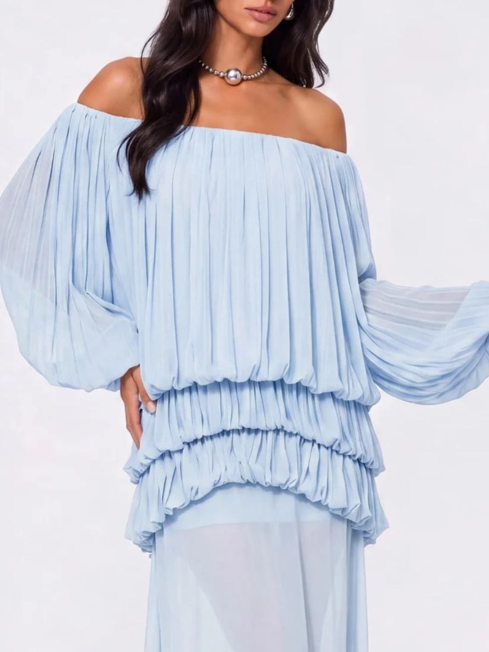 Gracja Off Shoulder Tiered Dress In Sky Blue - OWNCI Gracja Off Shoulder Tiered Dress In Sky Blue - OWNCI