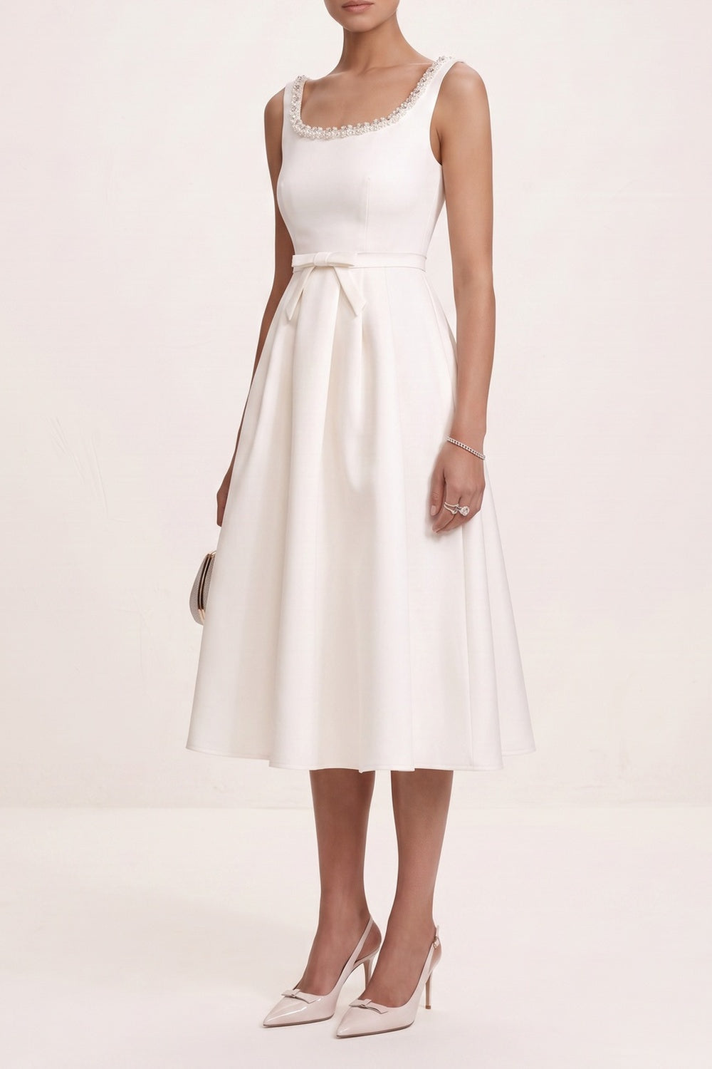 Crystal Trim Square Neck Sleeveless Bow Waist A-Line Midi Dress - OWNCI