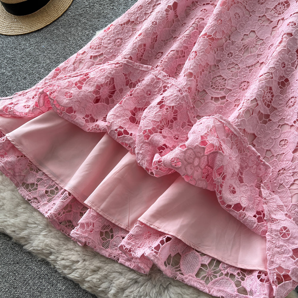 Light Pink Floral Lace A-Line Midi Dress - OWNCI Light Pink Floral Lace A-Line Midi Dress - OWNCI