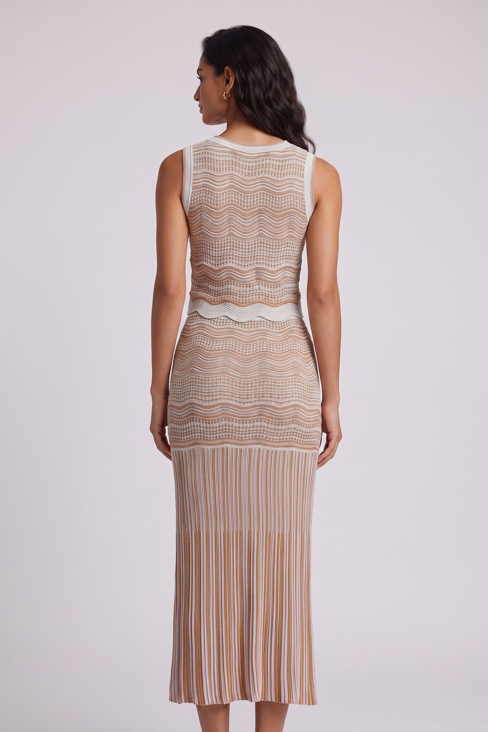 Beige Pointelle Knit Fitted Column Two-Piece Set - OWNCI Beige Pointelle Knit Fitted Column Two-Piece Set - OWNCI