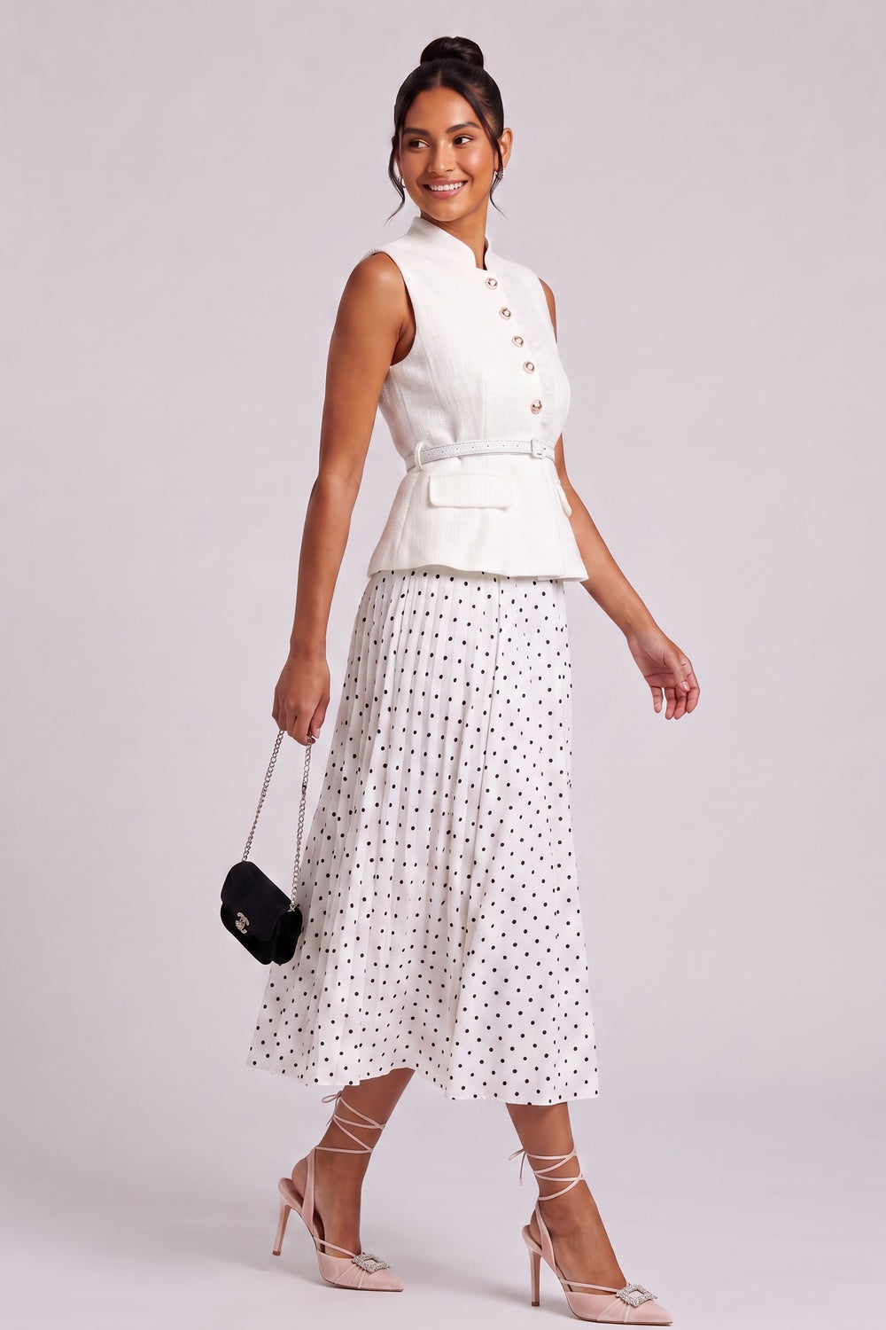 Sleeveless Textured Vest & Polka‑Dot Pleated Midi Skirt Two‑Piece Set - OWNCI