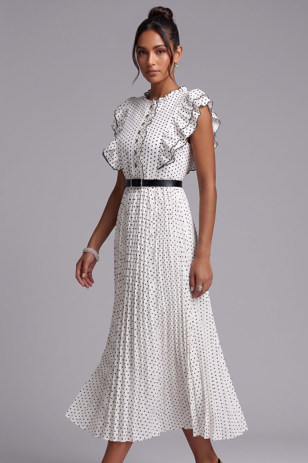 Polka Dot Ruffle Sleeve Midi Dress - OWNCI