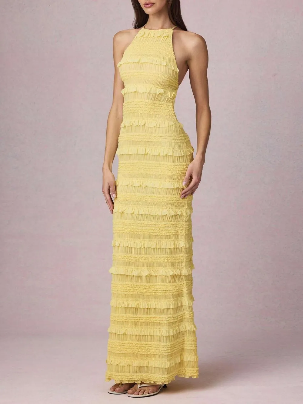 Mercedes Yellow Halter Ruffle Backless Maxi Dress - OWNCI Mercedes Yellow Halter Ruffle Backless Maxi Dress - OWNCI