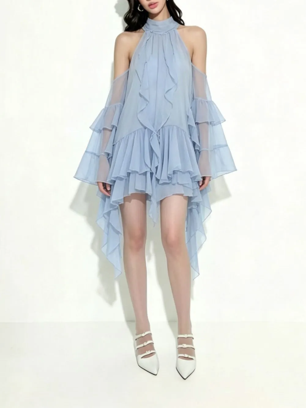 Meika Blue Halter Ruffle Mini Dress - OWNCI