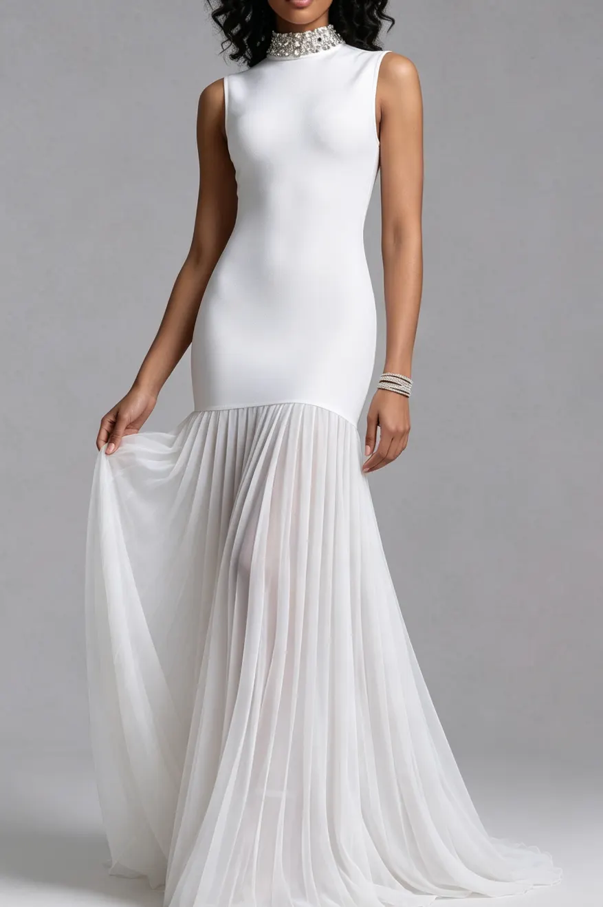 Rhinestone High Neck Sleeveless Bandage Chiffon Maxi Dress - OWNCI Rhinestone High Neck Sleeveless Bandage Chiffon Maxi Dress - OWNCI