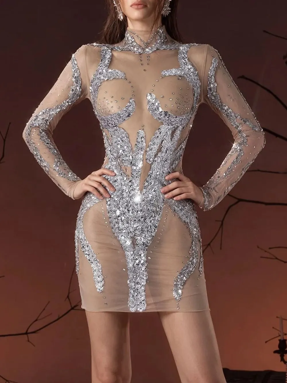 Inflector Sequin Mesh Rhinestone Mini Dress - OWNCI