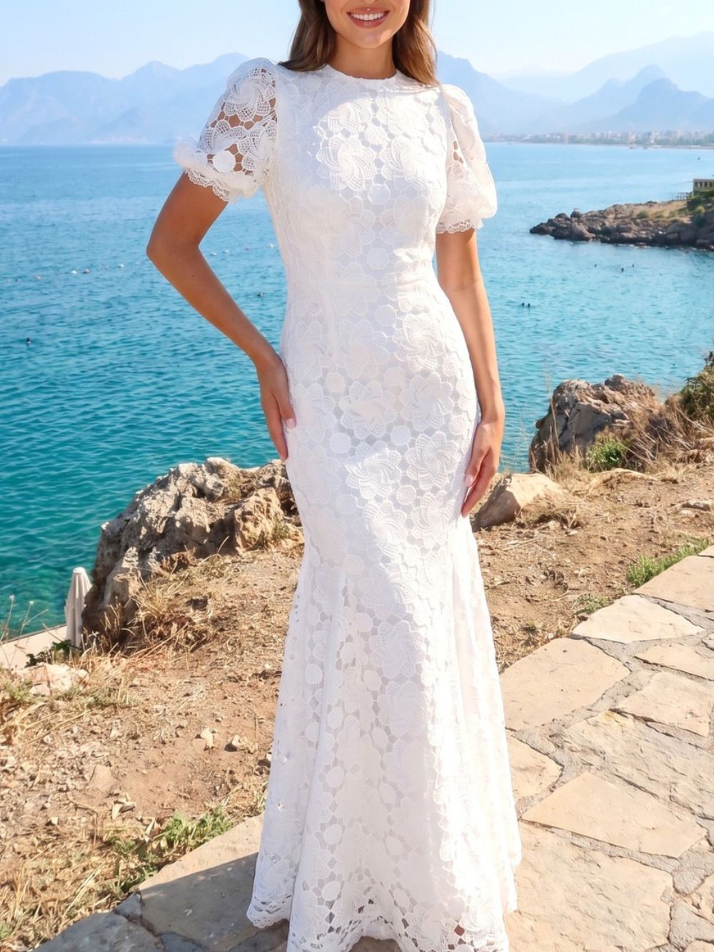 Short Sleeve Floral Crochet Mermaid Maxi Dress White - OWNCI