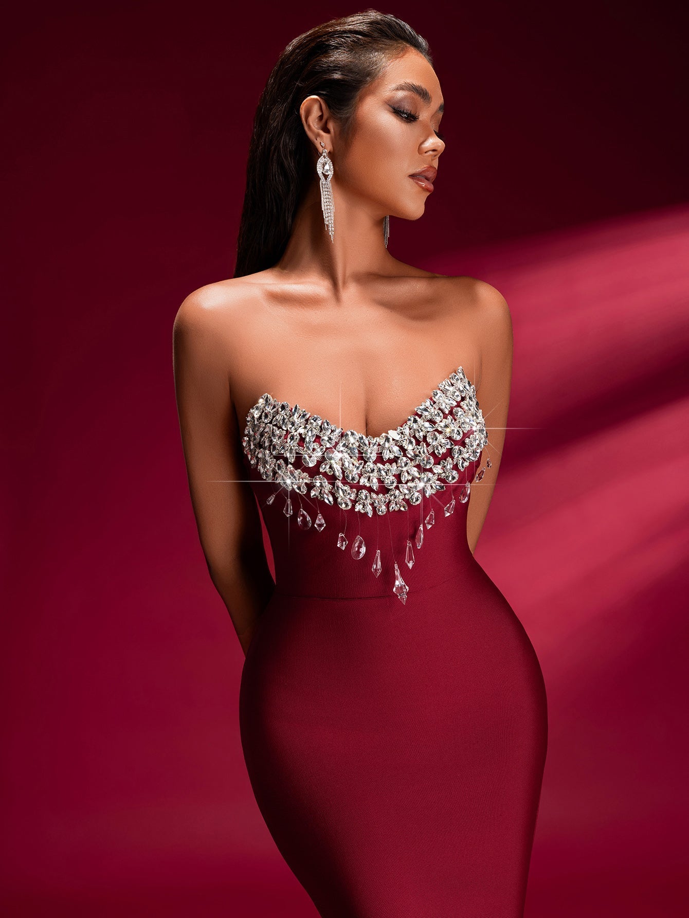 Tina Off-Shoulder Crystal Applique Bandage Mermaid Gown In Burgundy - OWNCI Tina Off-Shoulder Crystal Applique Bandage Mermaid Gown In Burgundy - OWNCI