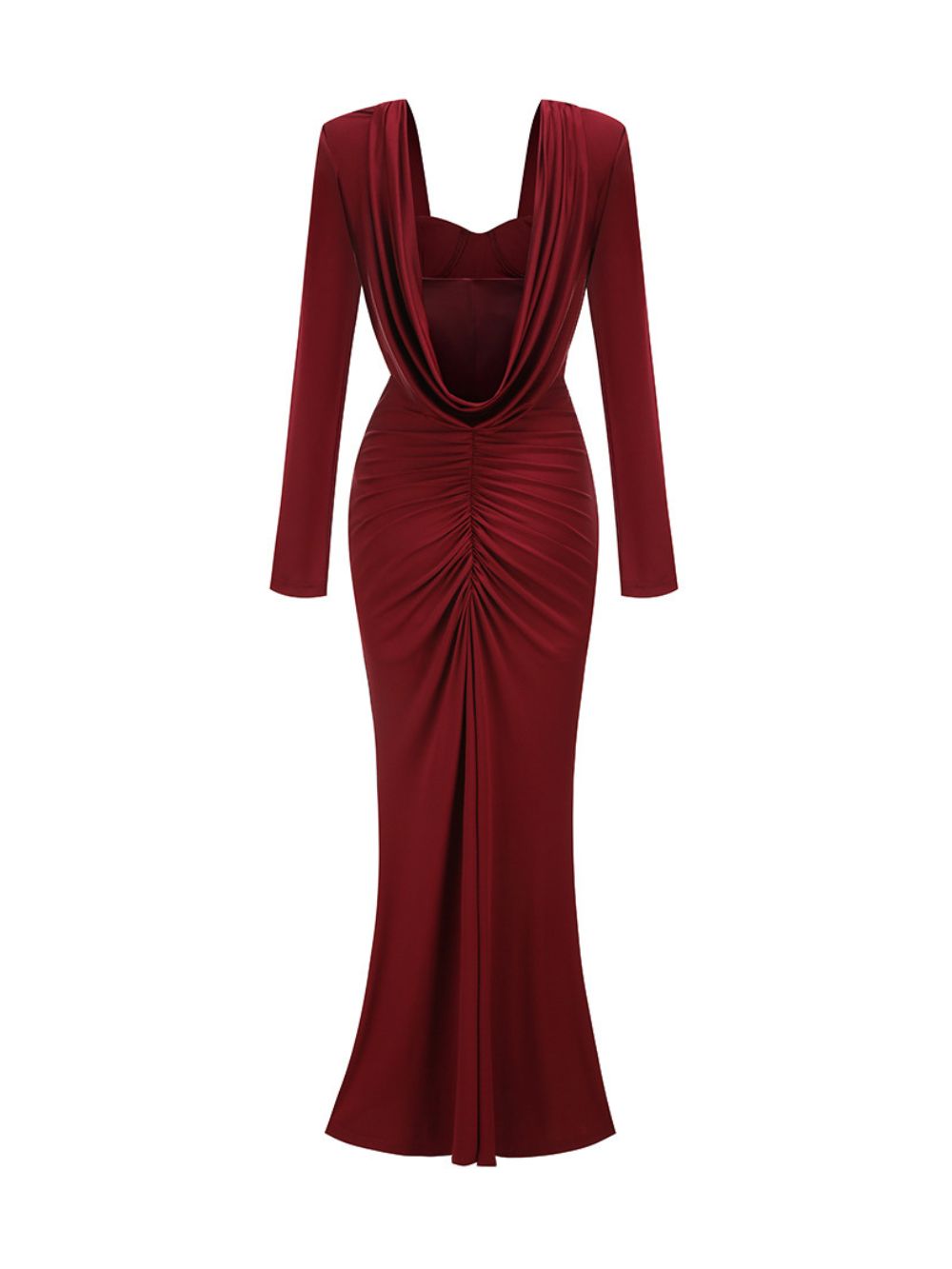 Long Sleeve Draped Bustier Maxi Dress Burgundy - OWNCI
