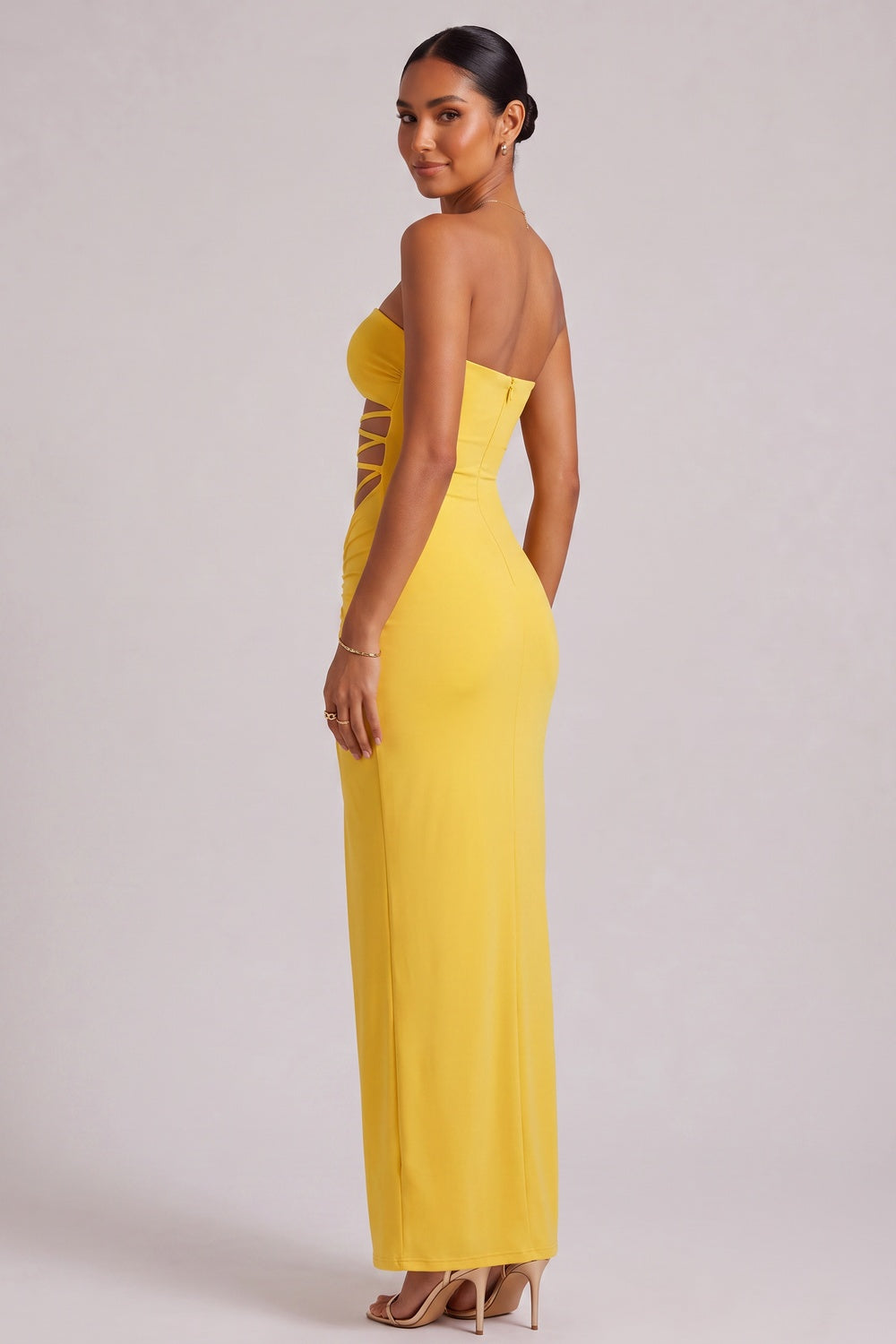 Yellow Strapless Maxi Dress with Side Cutout Detail - OWNCI Yellow Strapless Maxi Dress with Side Cutout Detail - OWNCI
