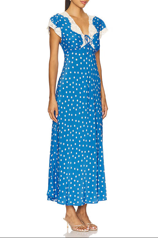 Lyuba Polka Dot Lace-Trimmed V-Neck Maxi Dress In Blue - OWNCI