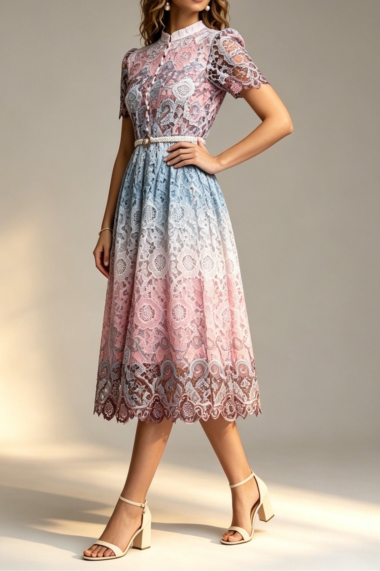 Ombre Gradient Floral Lace Stand Collar Short Puff Sleeve Pearl Button Rhinestone Belt A-Line Midi Dress - OWNCI