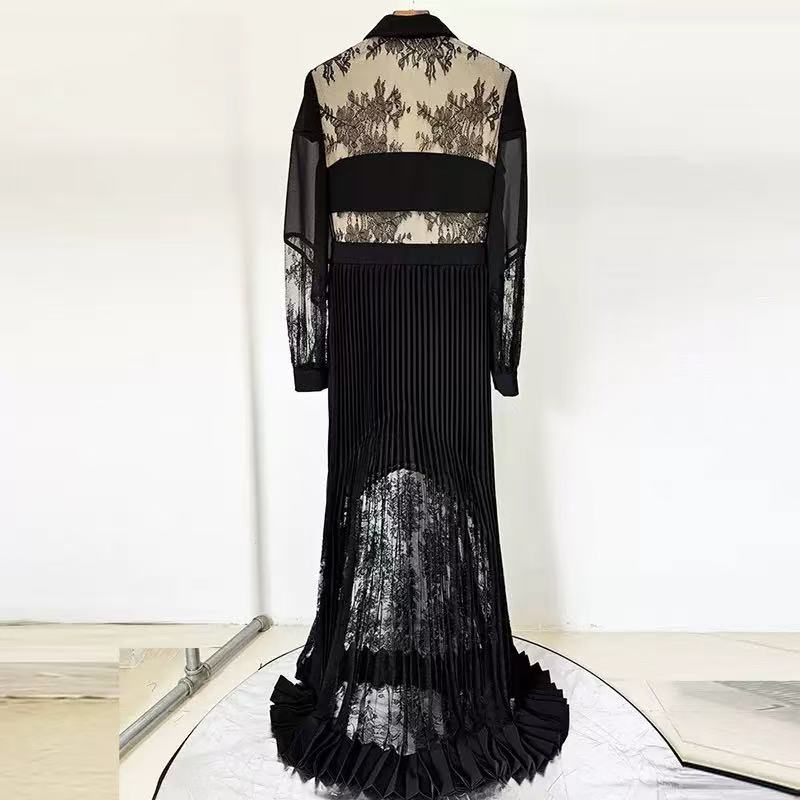 Bow Collar Lace Patchwork Pleated Maxi Gown - OWNCI Bow Collar Lace Patchwork Pleated Maxi Gown - OWNCI