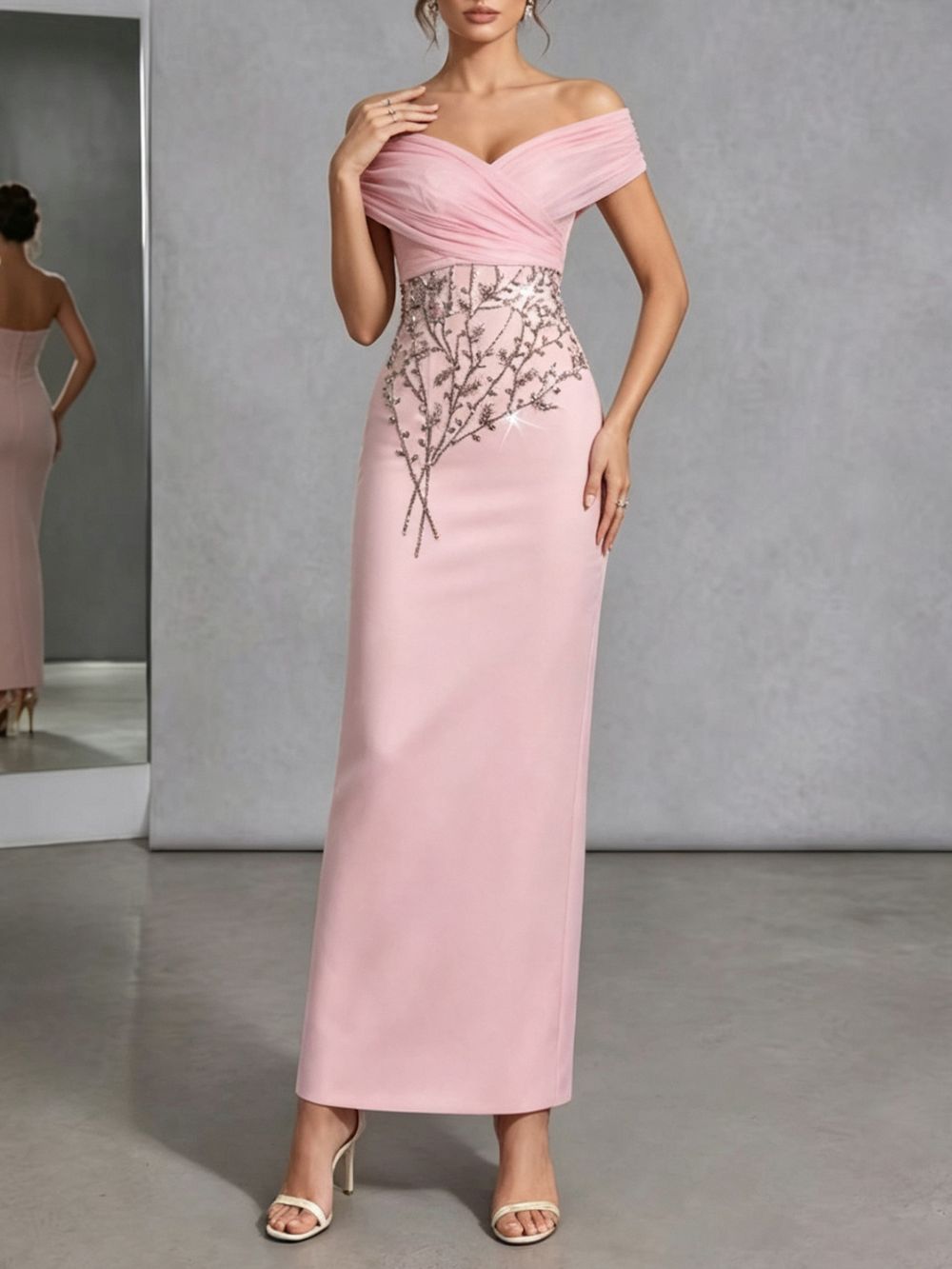 Draped Bardot Crystal Floral Maxi Dress Pink - OWNCI Draped Bardot Crystal Floral Maxi Dress Pink - OWNCI