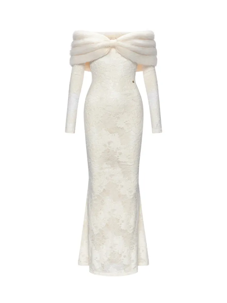 Julia Off-Shoulder Fur Collar Long Sleeve Lace Maxi Dress In White - OWNCI Julia Off-Shoulder Fur Collar Long Sleeve Lace Maxi Dress In White - OWNCI