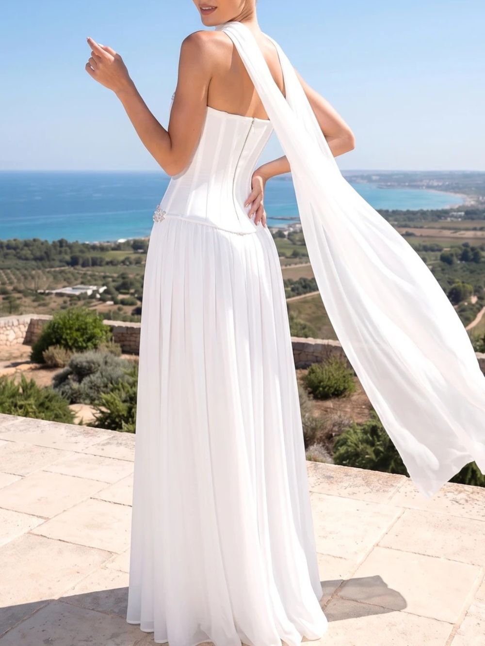Strapless Embellished Bustier A Line Maxi Dress Set White - OWNCI
