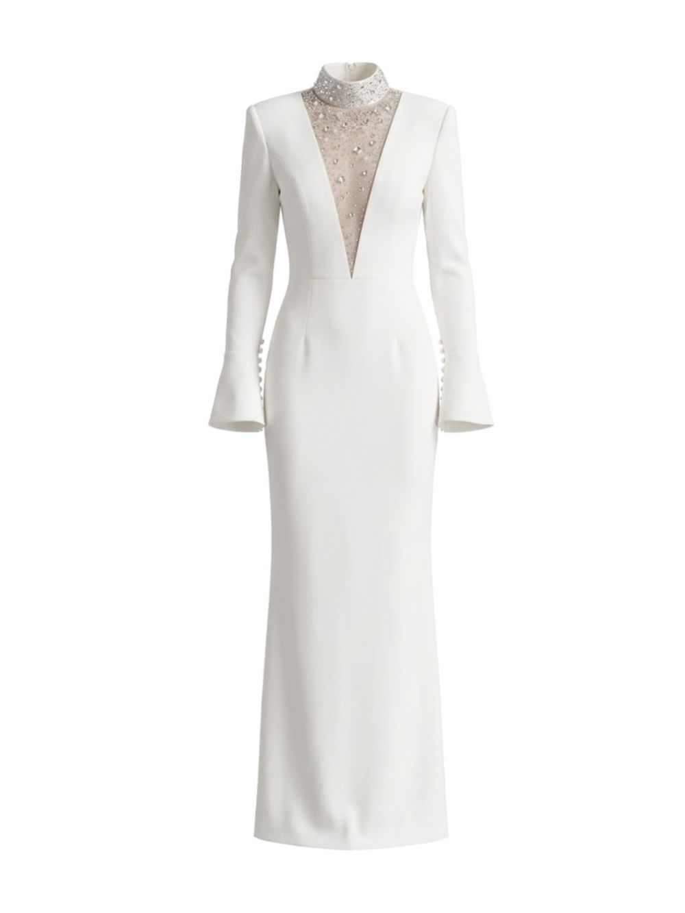 Long Sleeve Crystal Mesh Maxi Dress White - OWNCI