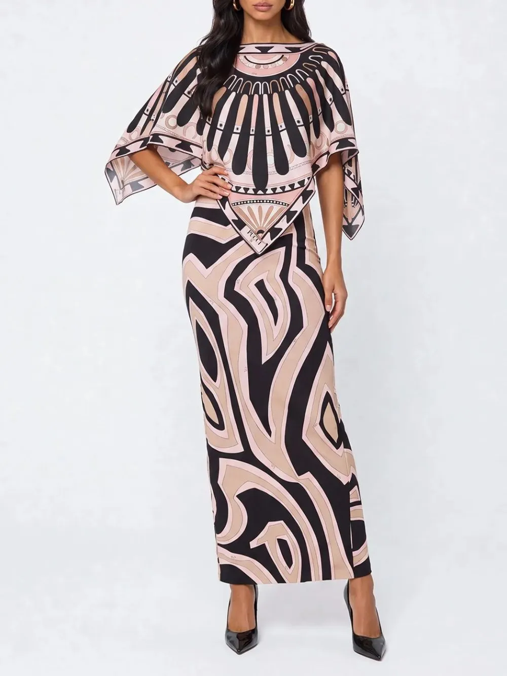 Hylora Cape Sleeve Split Printed Skirt Set - OWNCI Hylora Cape Sleeve Split Printed Skirt Set - OWNCI