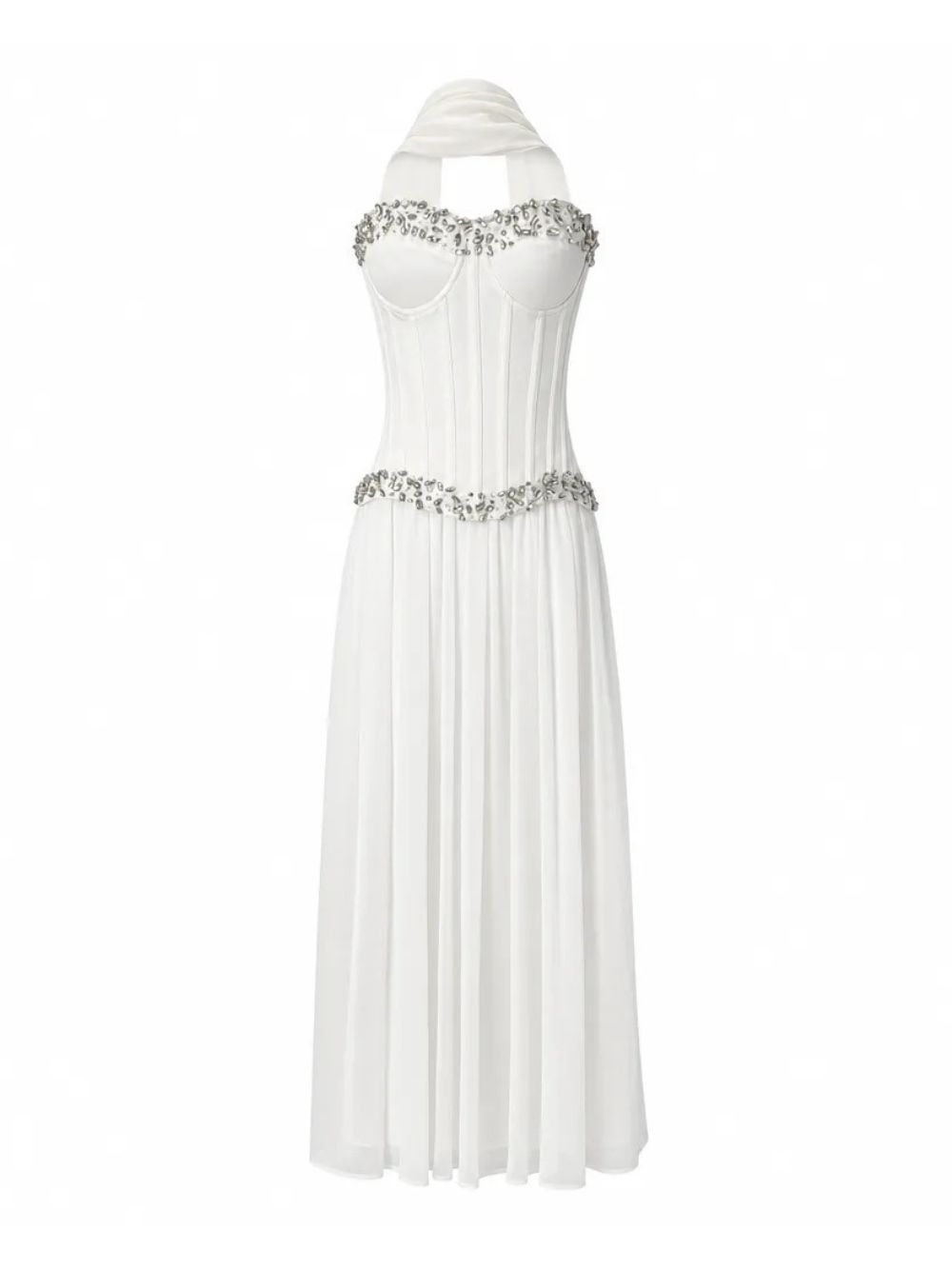 Strapless Embellished Bustier A Line Maxi Dress Set White - OWNCI