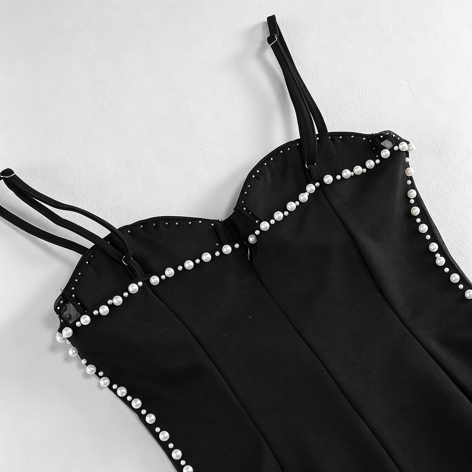 Melea Black Spaghetti Pearl Mini Dress - OWNCI Melea Black Spaghetti Pearl Mini Dress - OWNCI
