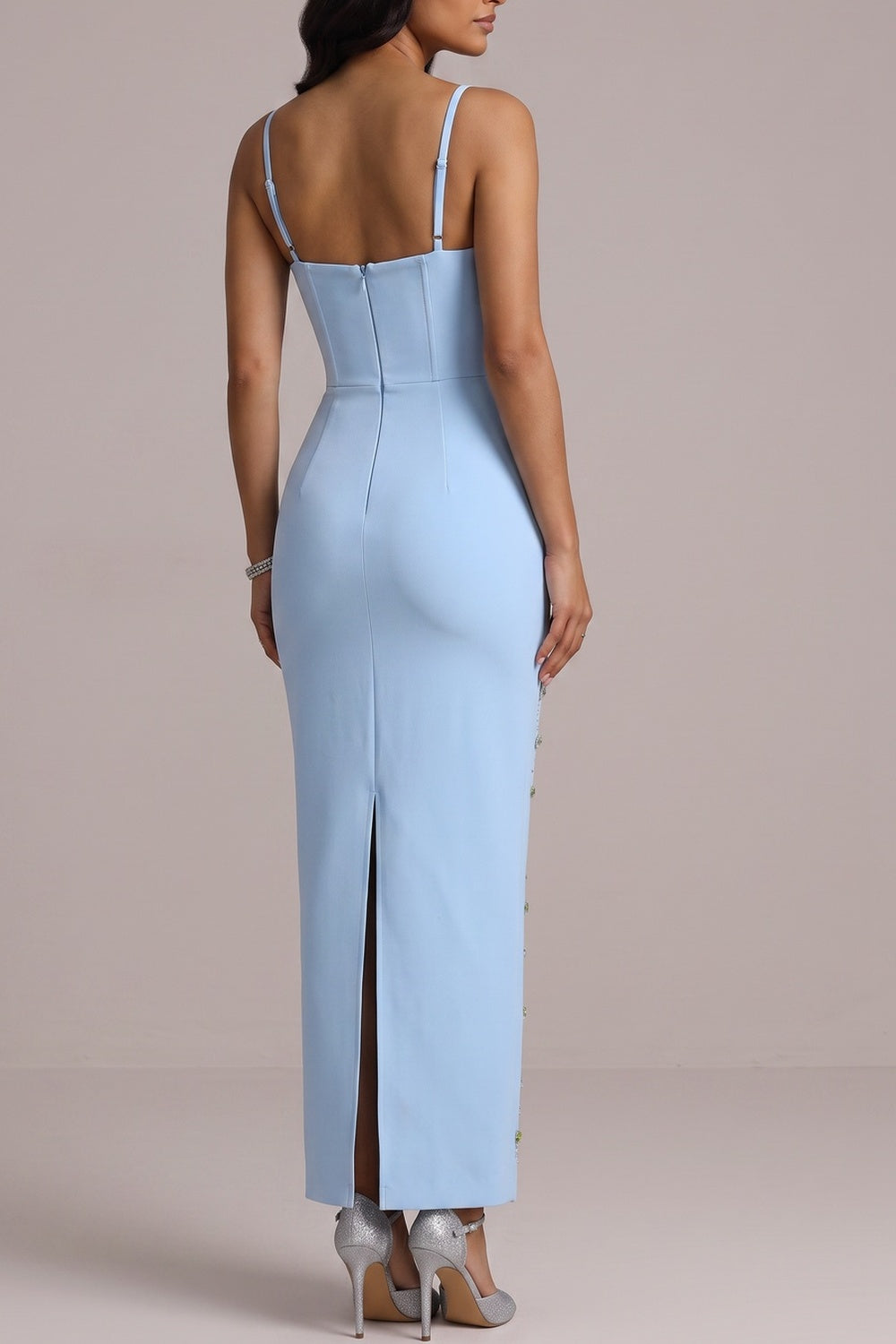 Spaghetti Strap Sweetheart Neck Two-Tone Rhinestone Midi Dress - OWNCI