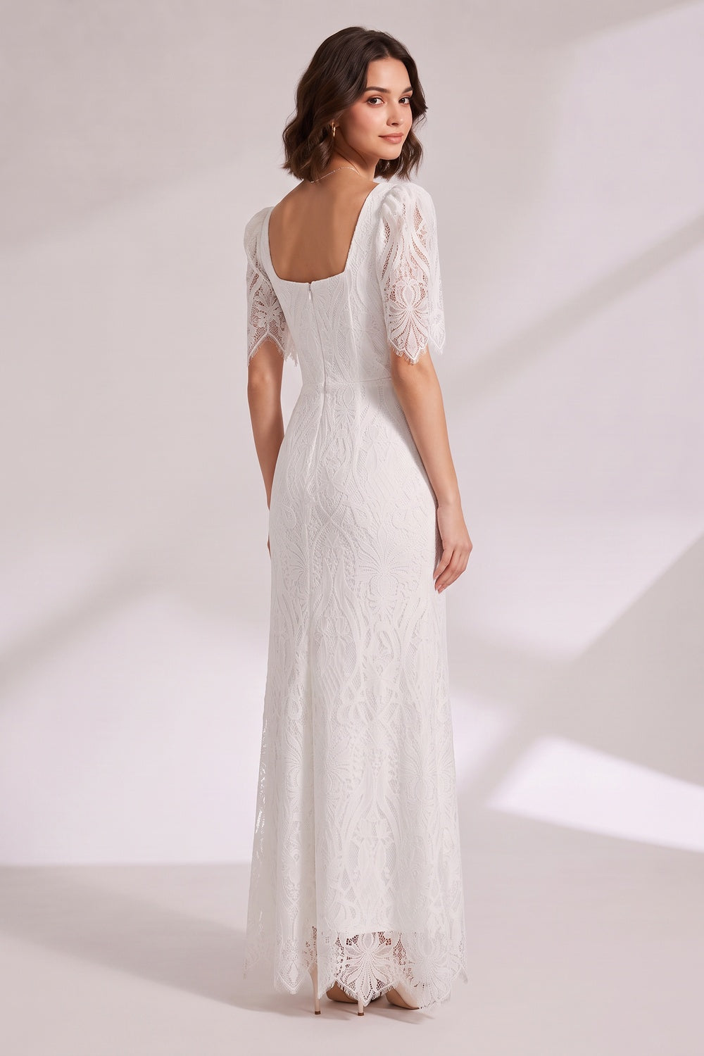 White Lace Floor-Length Dress with Puff Sleeves - OWNCI White Lace Floor-Length Dress with Puff Sleeves - OWNCI