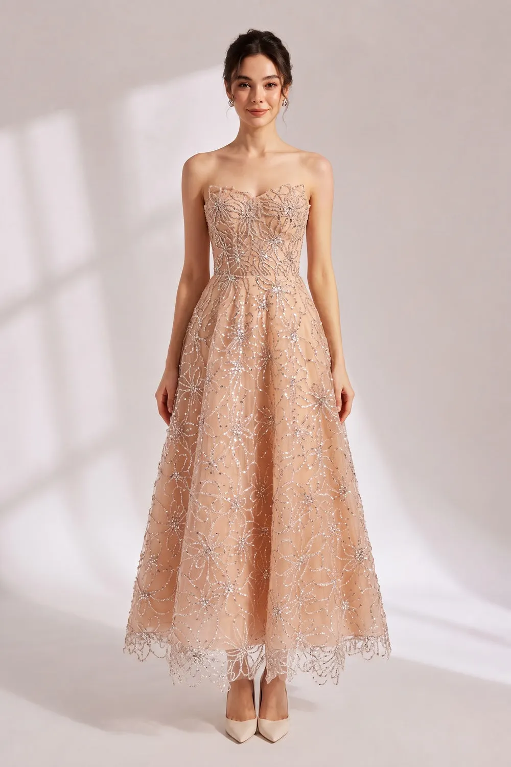 Nude Beaded Strapless Maxi Dress - OWNCI Nude Beaded Strapless Maxi Dress - OWNCI