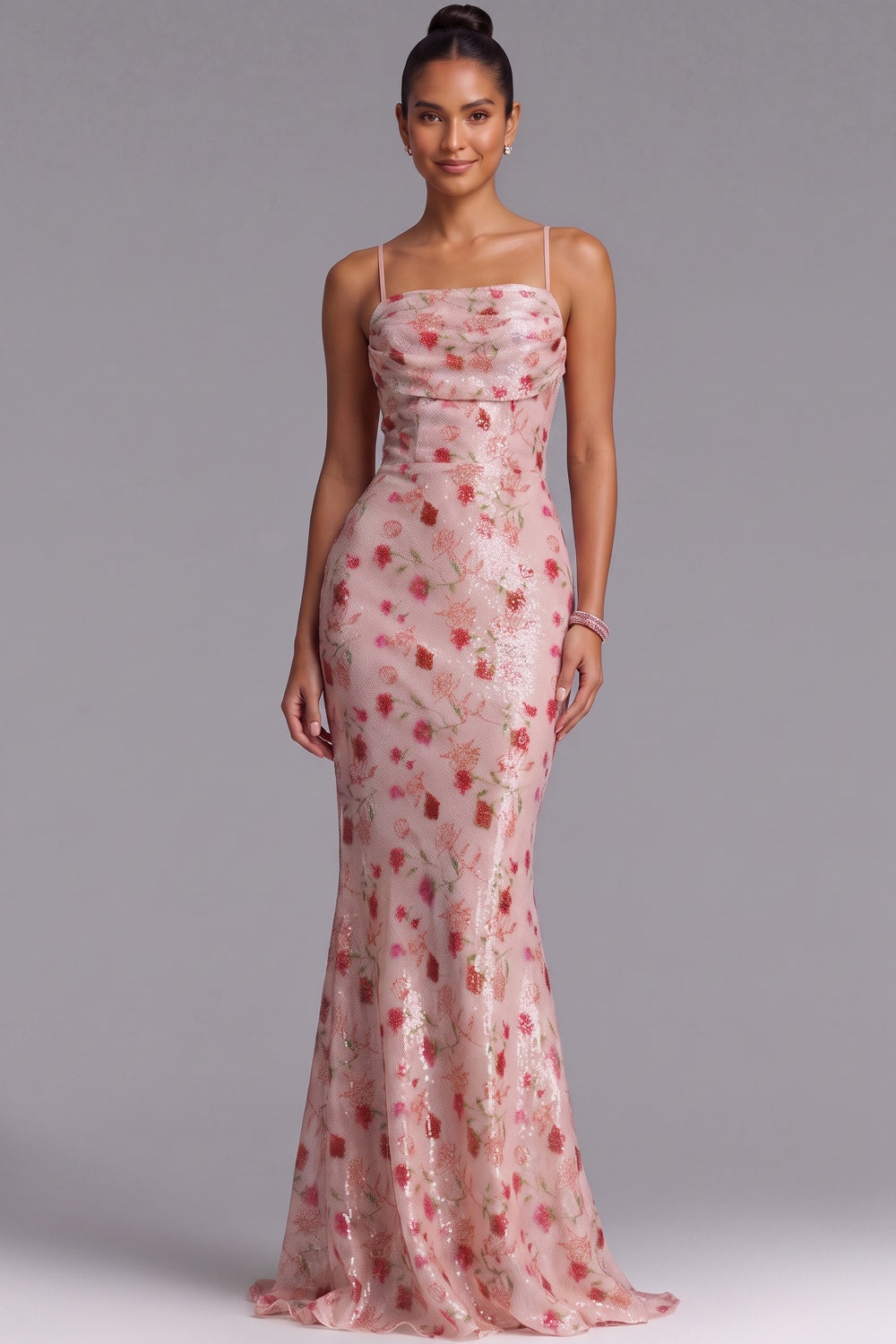 Blush Pink Floral Sequin Mermaid Gown with Lace-Up Back - OWNCI