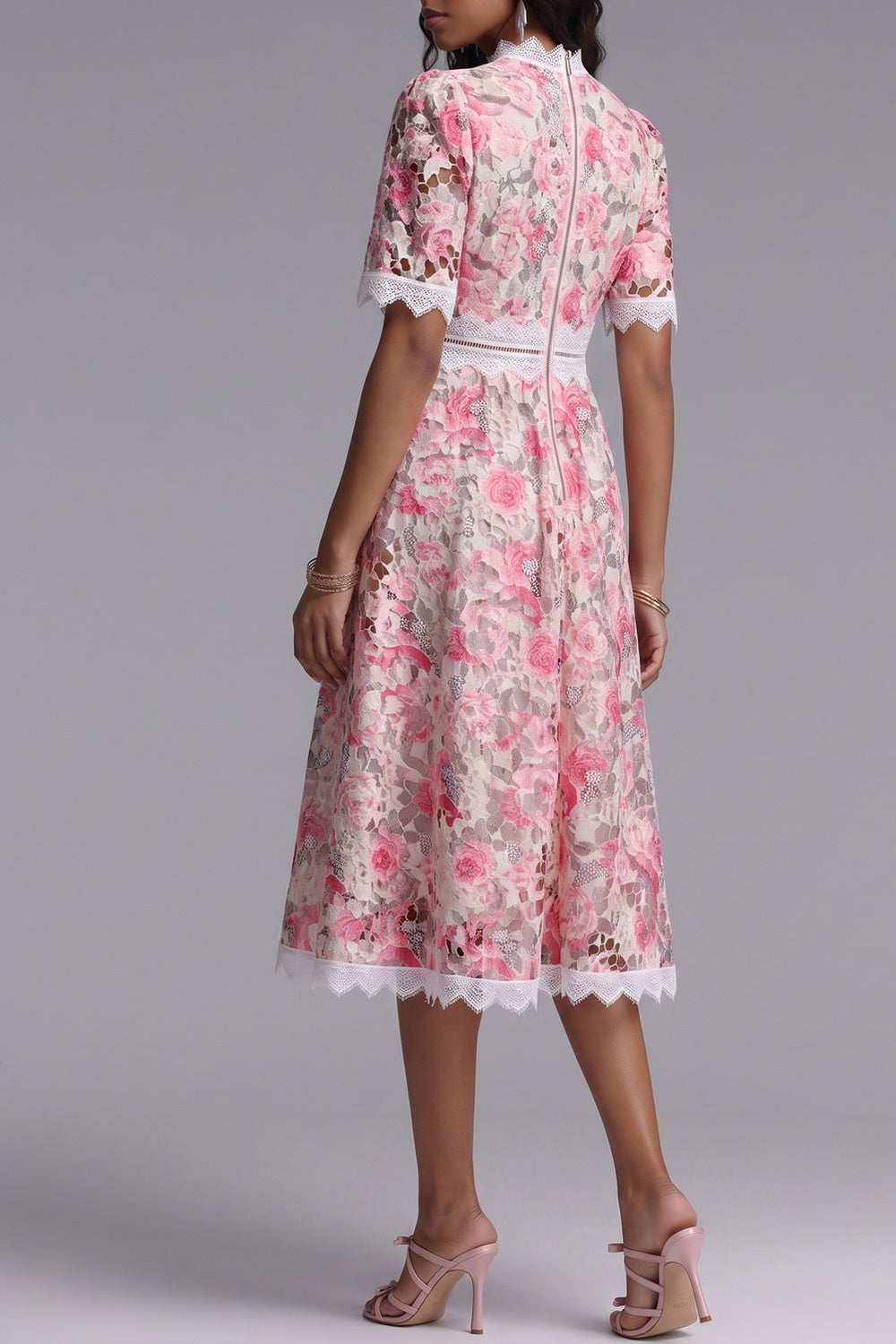 Pink Floral Cutwork Lace Midi Dress - OWNCI Pink Floral Cutwork Lace Midi Dress - OWNCI