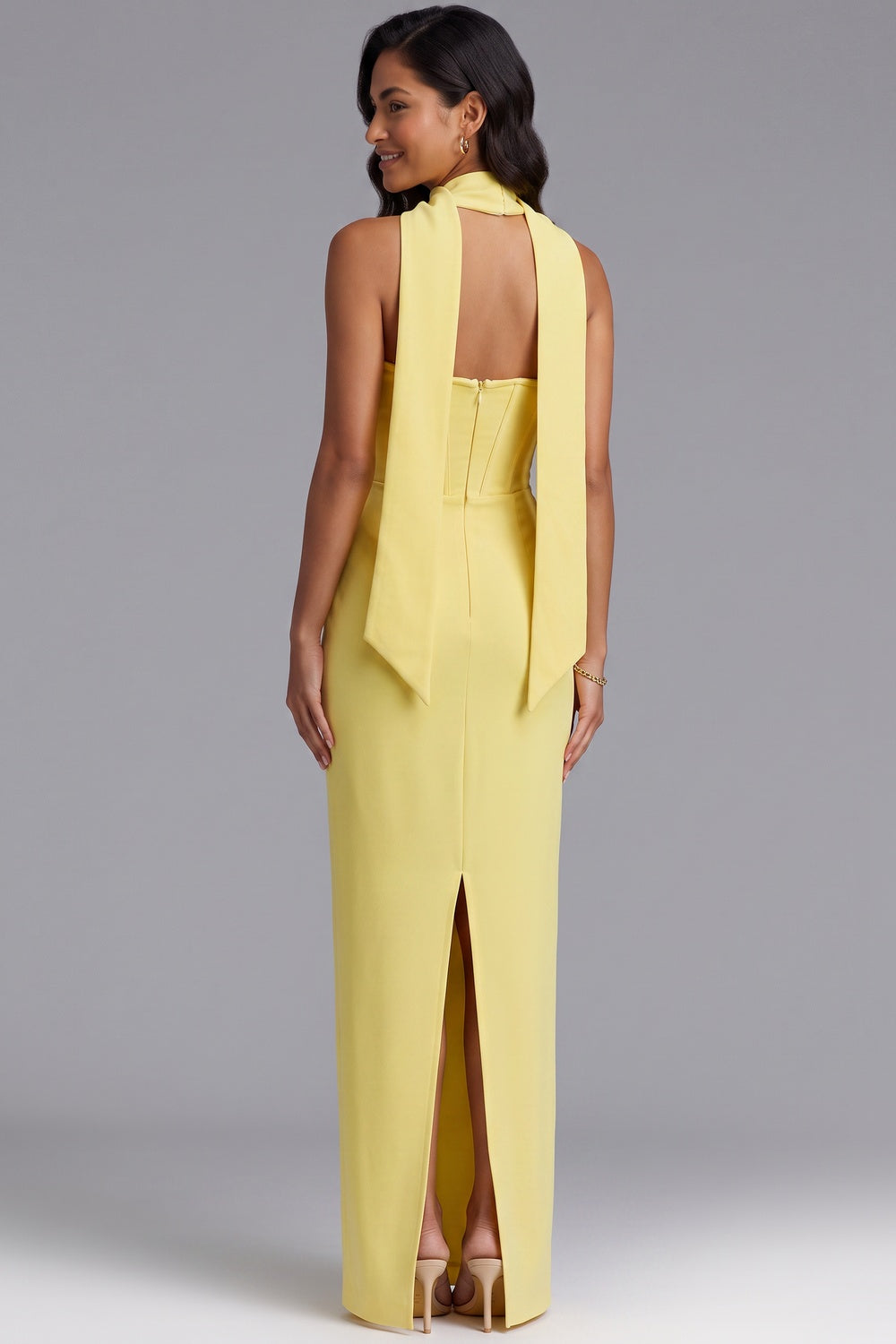 Yellow Halter Maxi Dress with Open Back and Bow Detail - OWNCI Yellow Halter Maxi Dress with Open Back and Bow Detail - OWNCI