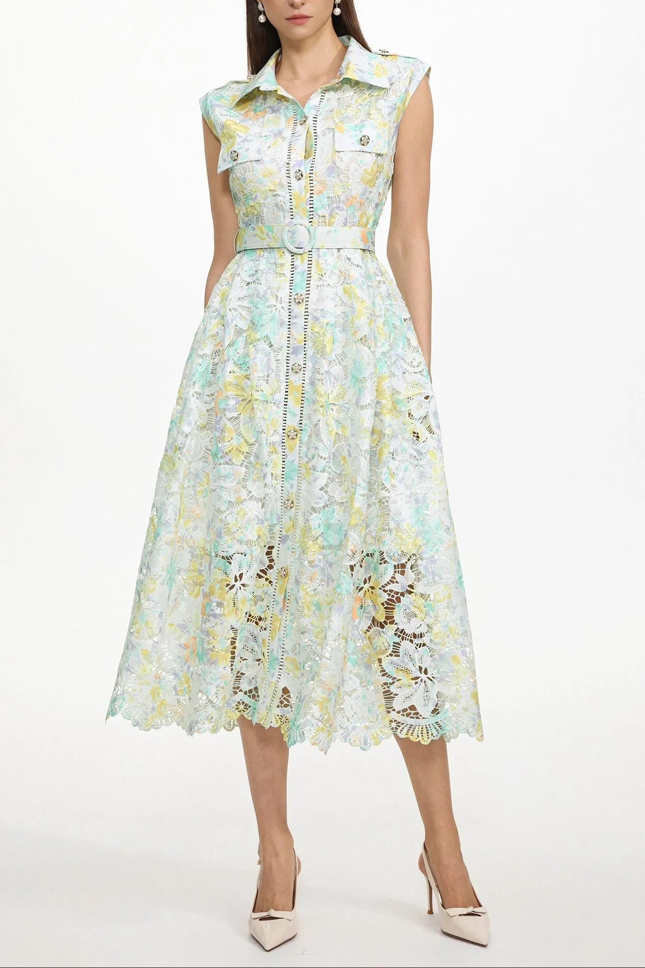 Viya Green Sleeveless Floral Print Lace Midi Dress - OWNCI