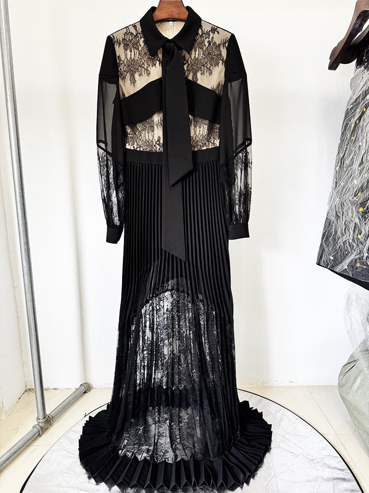 Bow Collar Lace Patchwork Pleated Maxi Gown - OWNCI Bow Collar Lace Patchwork Pleated Maxi Gown - OWNCI