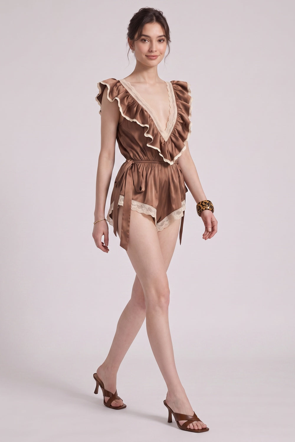 Bronze Brown Satin Semi-Fitted With Cinched Waist And Ruffled Details Romper - OWNCI Bronze Brown Satin Semi-Fitted With Cinched Waist And Ruffled Details Romper - OWNCI