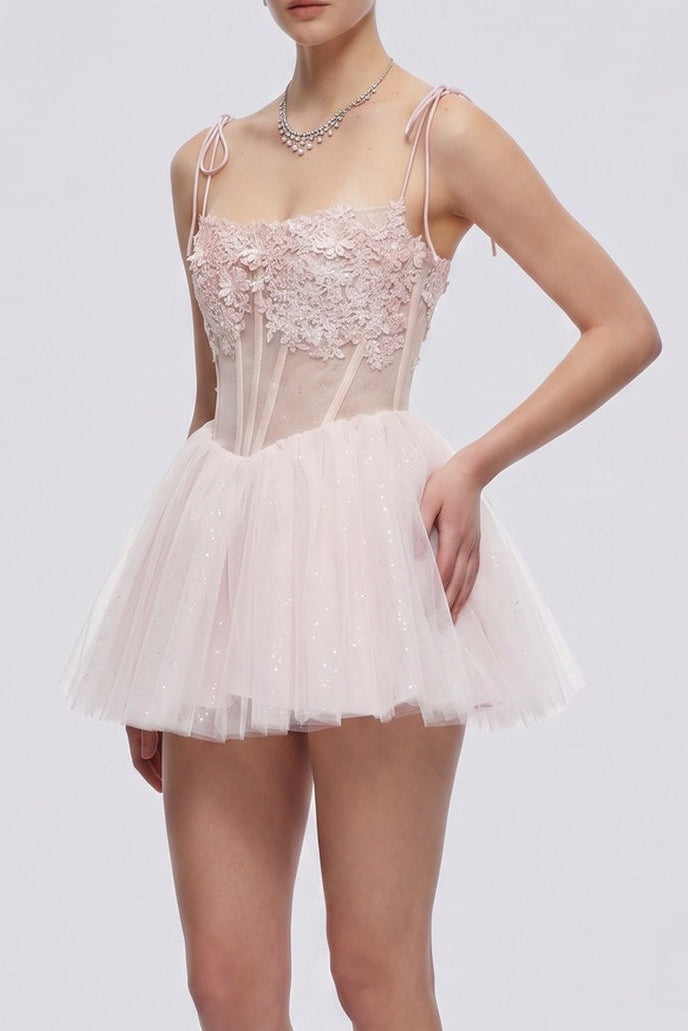 Tie Strap 3D Floral Mesh Corset Tulle Mini Dress - OWNCI Tie Strap 3D Floral Mesh Corset Tulle Mini Dress - OWNCI