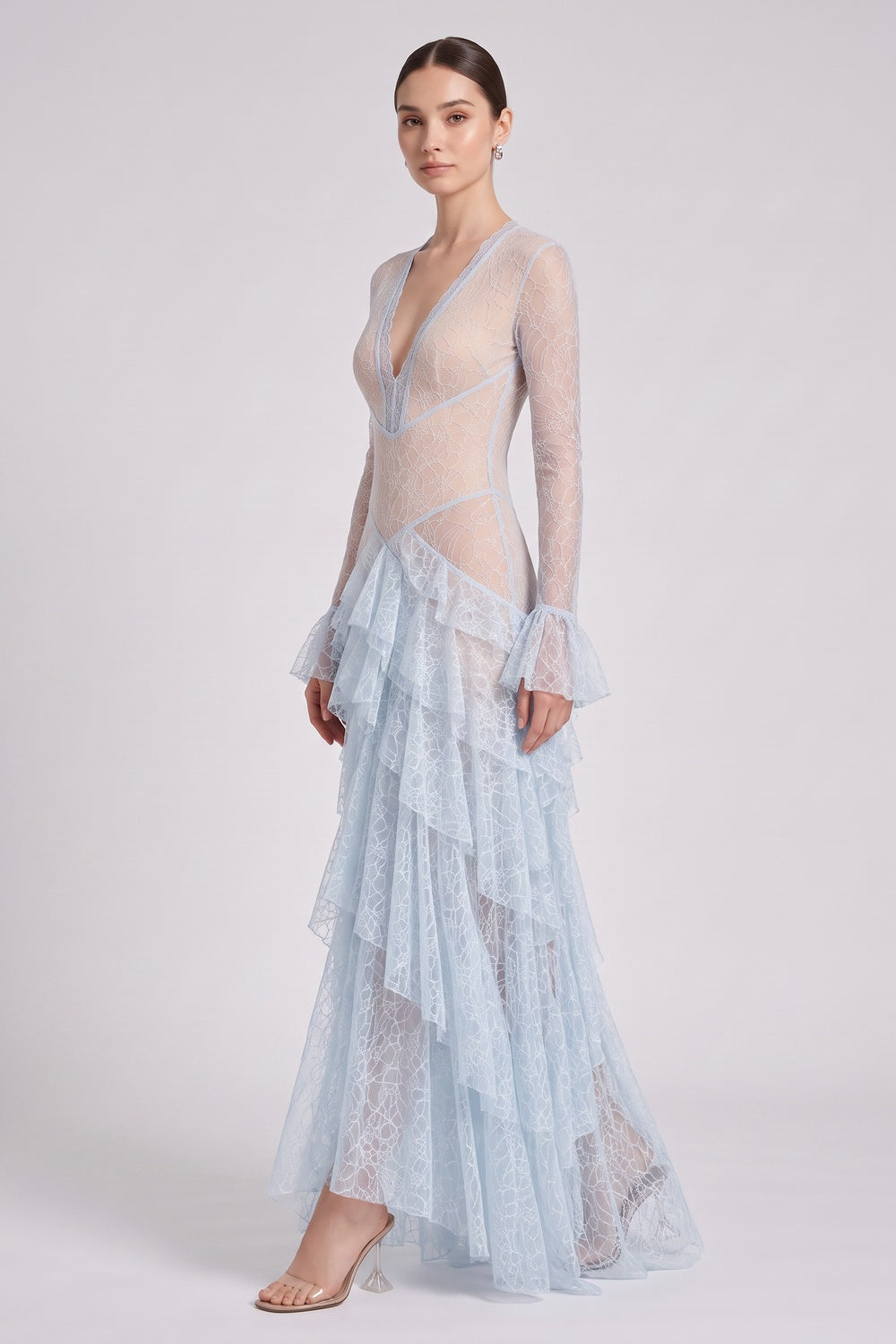 Light Blue Floral Lace Tiered A-Line Gown - OWNCI Light Blue Floral Lace Tiered A-Line Gown - OWNCI