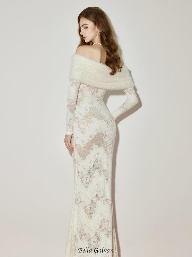 Julia Off-Shoulder Fur Collar Long Sleeve Lace Maxi Dress In White - OWNCI Julia Off-Shoulder Fur Collar Long Sleeve Lace Maxi Dress In White - OWNCI