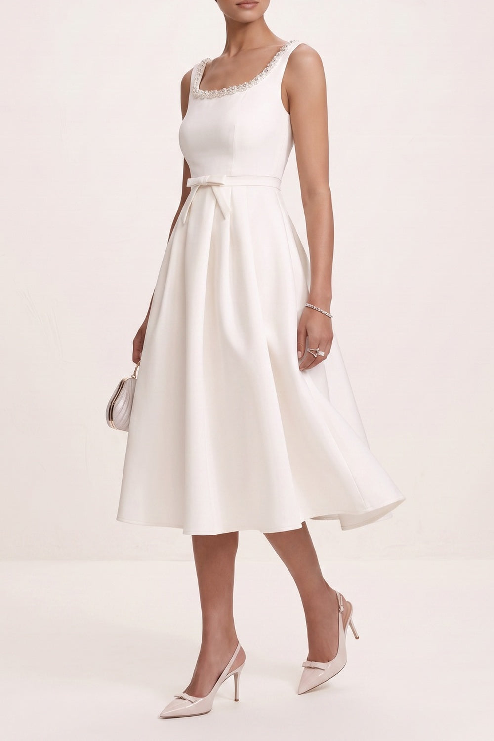 Crystal Trim Square Neck Sleeveless Bow Waist A-Line Midi Dress - OWNCI