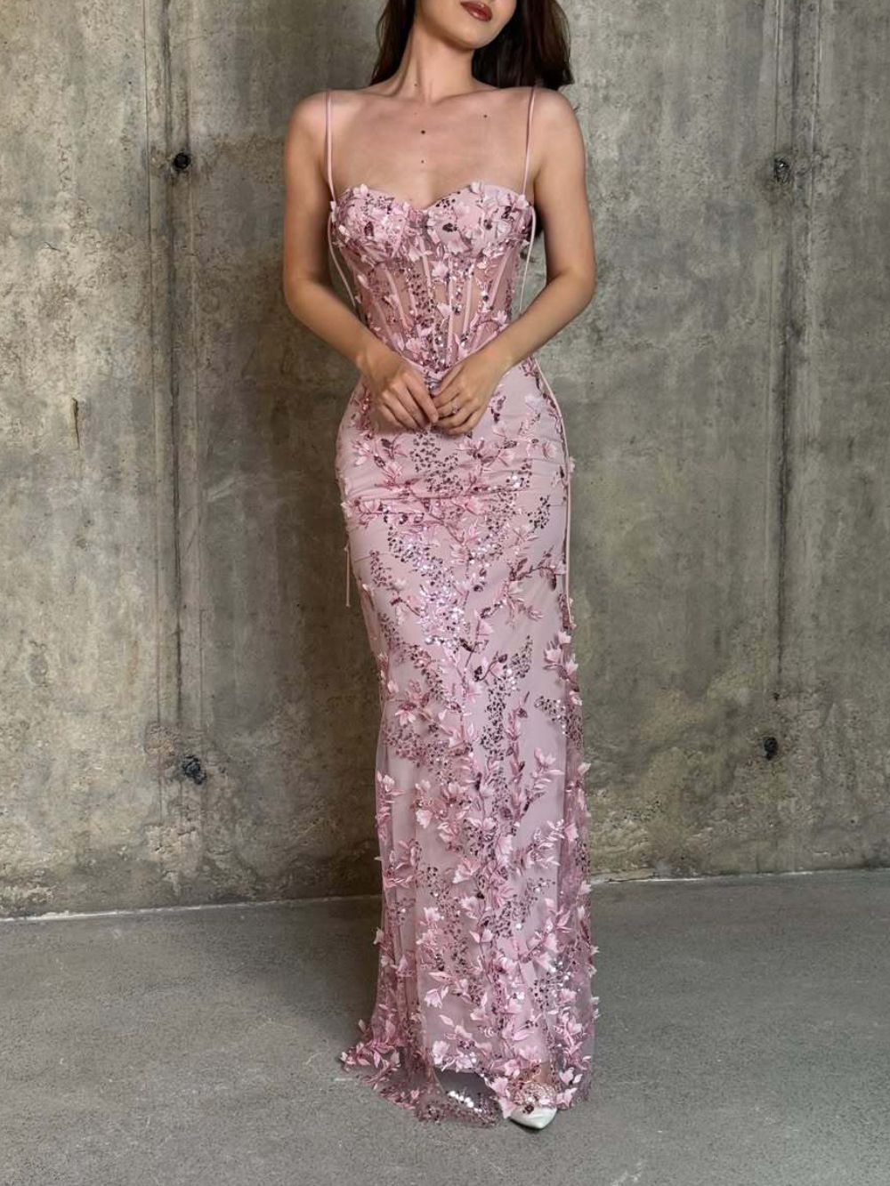 Floral Sequin Structured Bustier Maxi Dress Pink - OWNCI