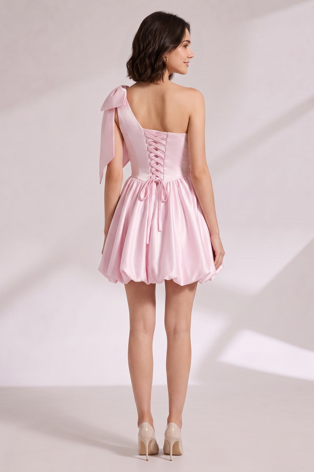 Light Pink One-Shoulder Mini Dress with Bow Detail - OWNCI Light Pink One-Shoulder Mini Dress with Bow Detail - OWNCI