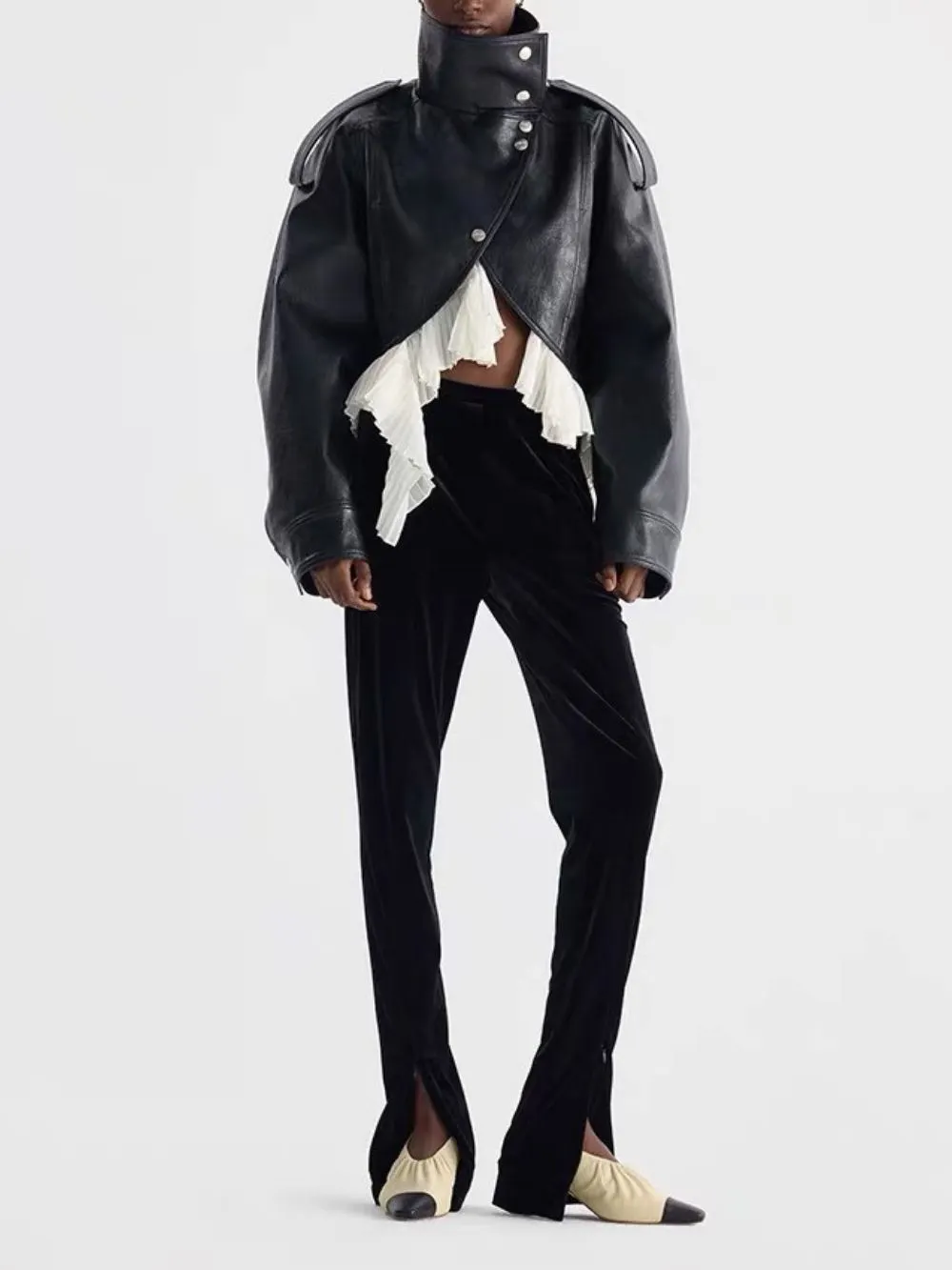 Maysa Black PU Leather Ruffle Jacket - OWNCI Maysa Black PU Leather Ruffle Jacket - OWNCI