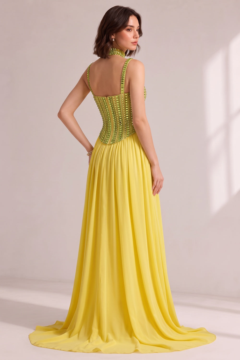 Lime Green Rhinestone Spaghetti Strap Choker Neck Pleated Chiffon Train Evening Gown - OWNCI Lime Green Rhinestone Spaghetti Strap Choker Neck Pleated Chiffon Train Evening Gown - OWNCI