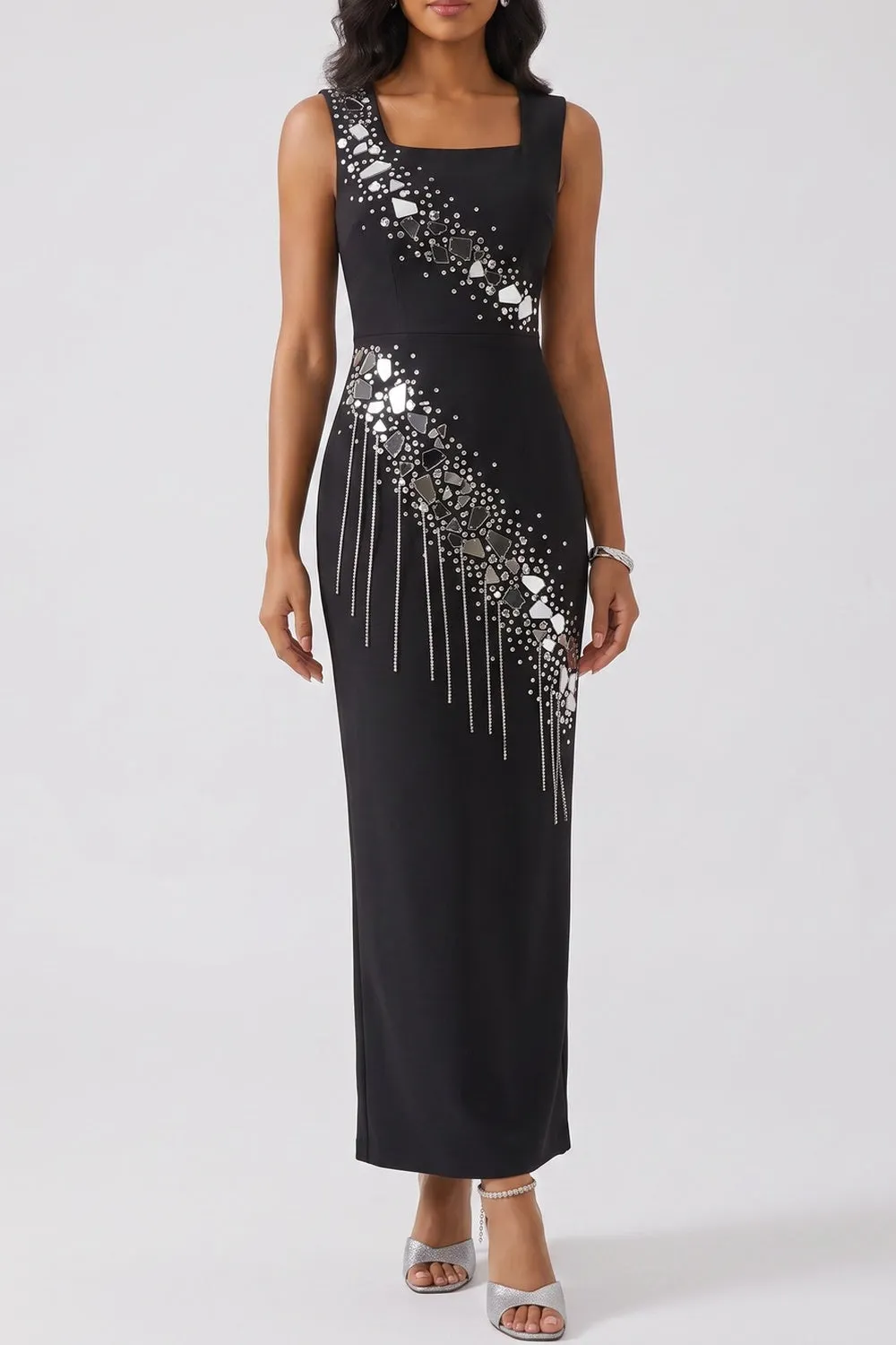 Sleeveless Square Neck Rhinestone Fringe Midi Bodycon Dress - OWNCI Sleeveless Square Neck Rhinestone Fringe Midi Bodycon Dress - OWNCI