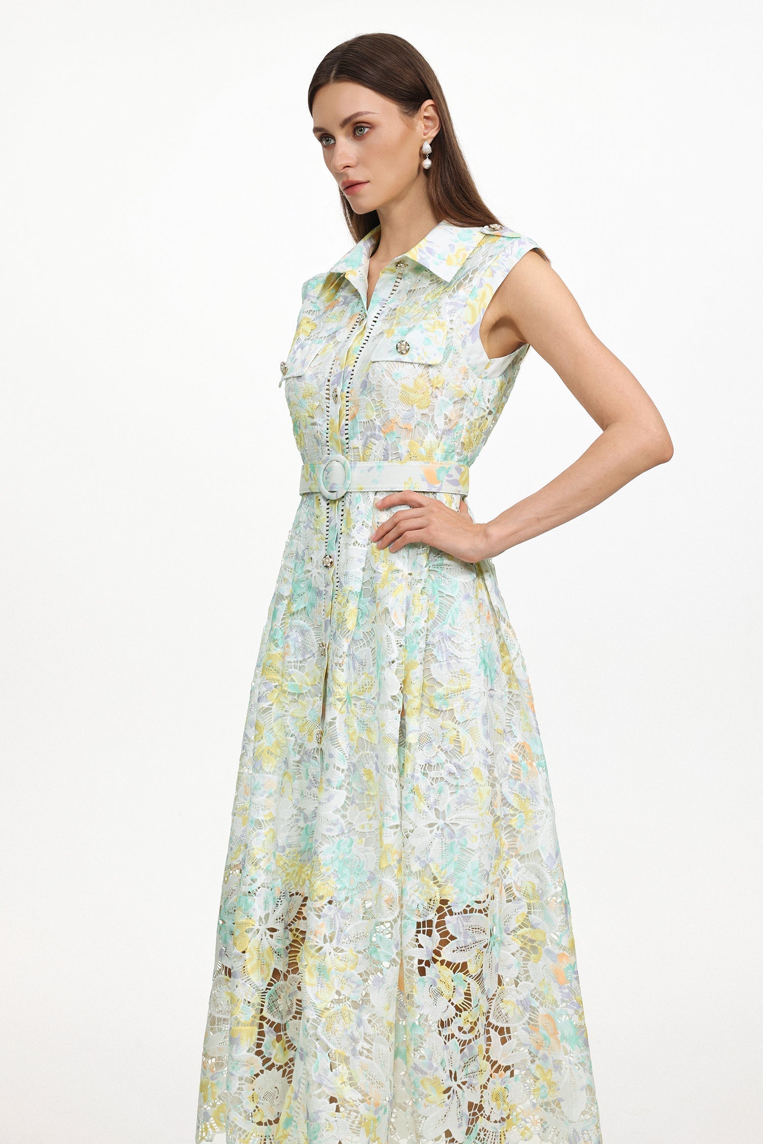Viya Green Sleeveless Floral Print Lace Midi Dress - OWNCI Viya Green Sleeveless Floral Print Lace Midi Dress - OWNCI