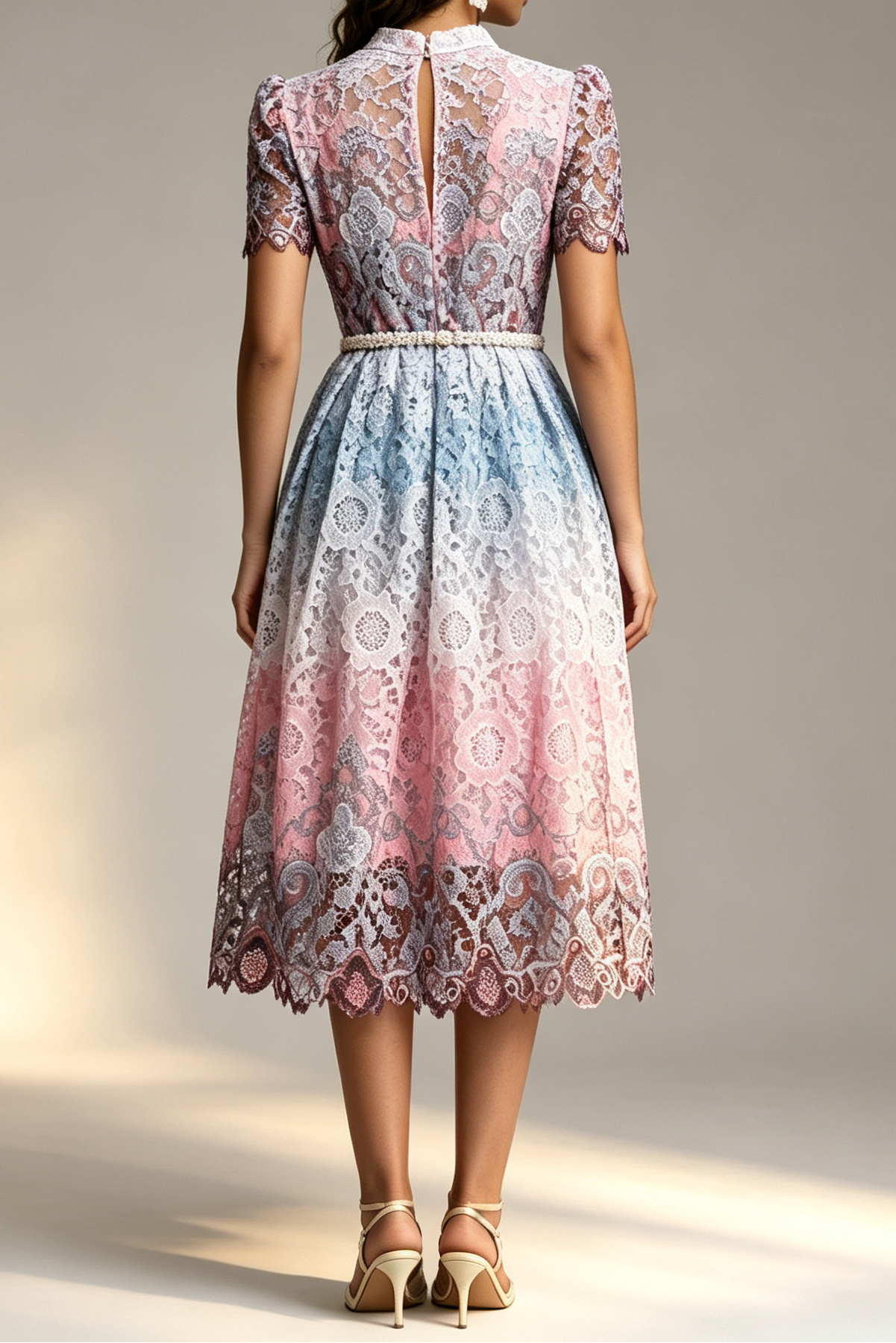 Ombre Gradient Floral Lace Stand Collar Short Puff Sleeve Pearl Button Rhinestone Belt A-Line Midi Dress - OWNCI